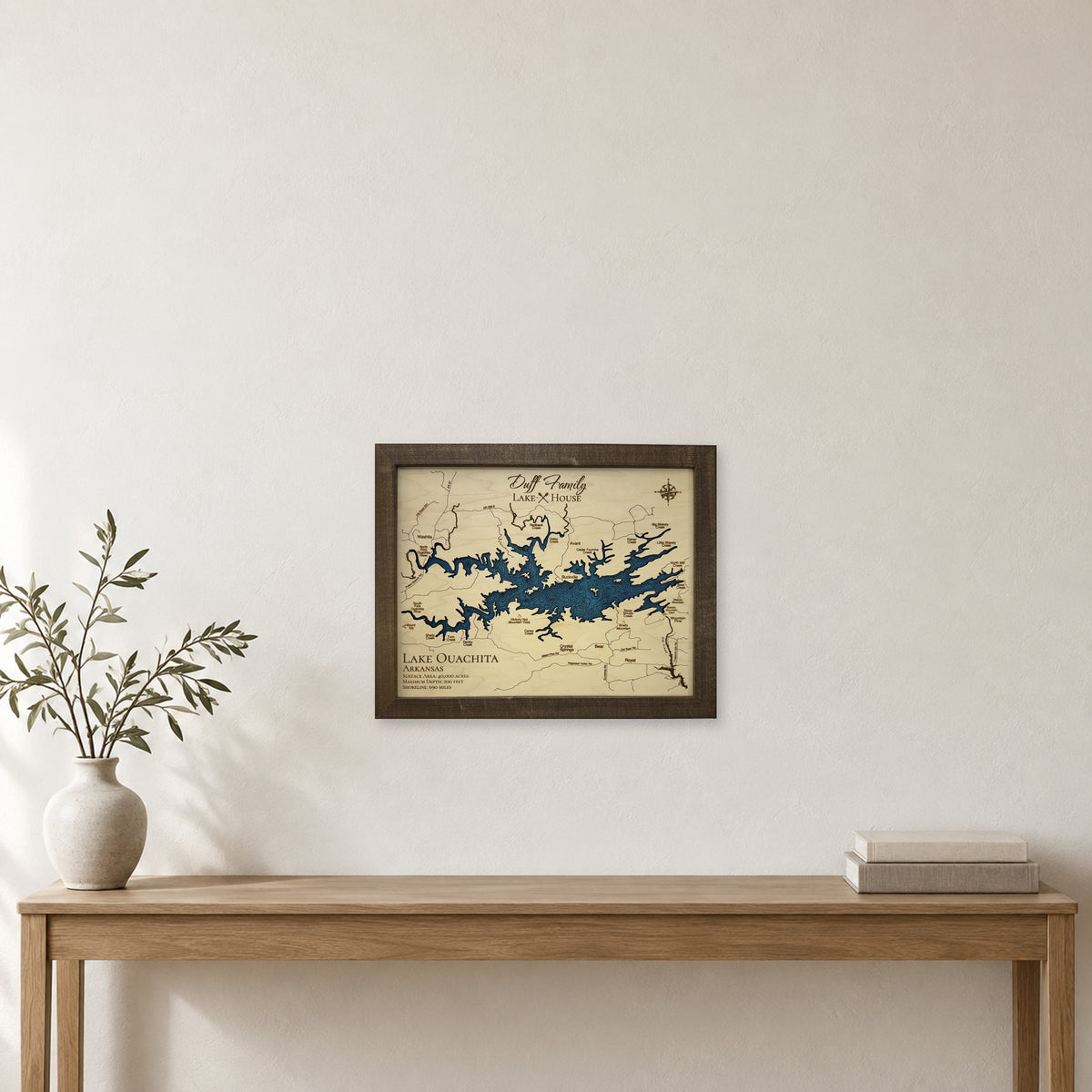 Ouachita Duff wood map — single layer with engraved contours, staged room mockup