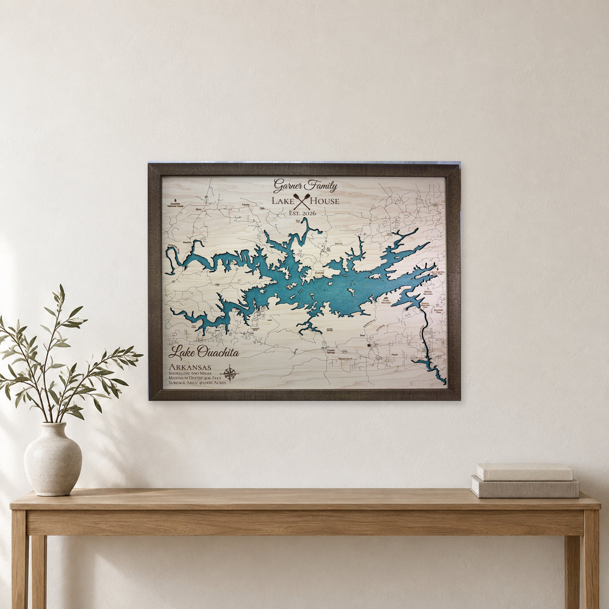 Ouachita Garner wood map — single layer, staged room mockup