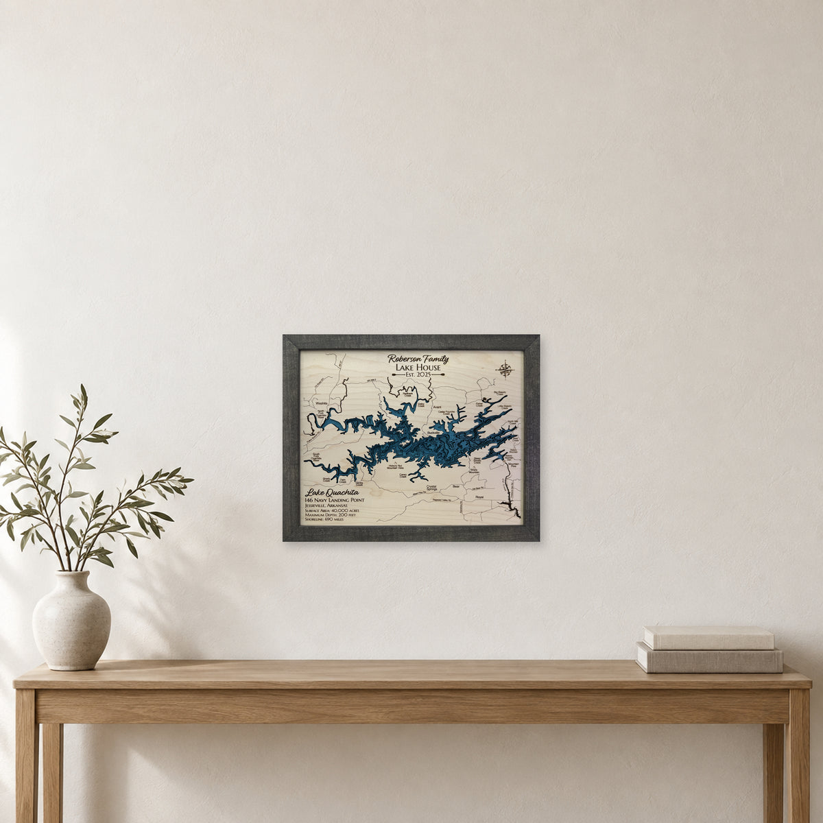 Ouachita Roberson wood map — multilayer, staged room mockup