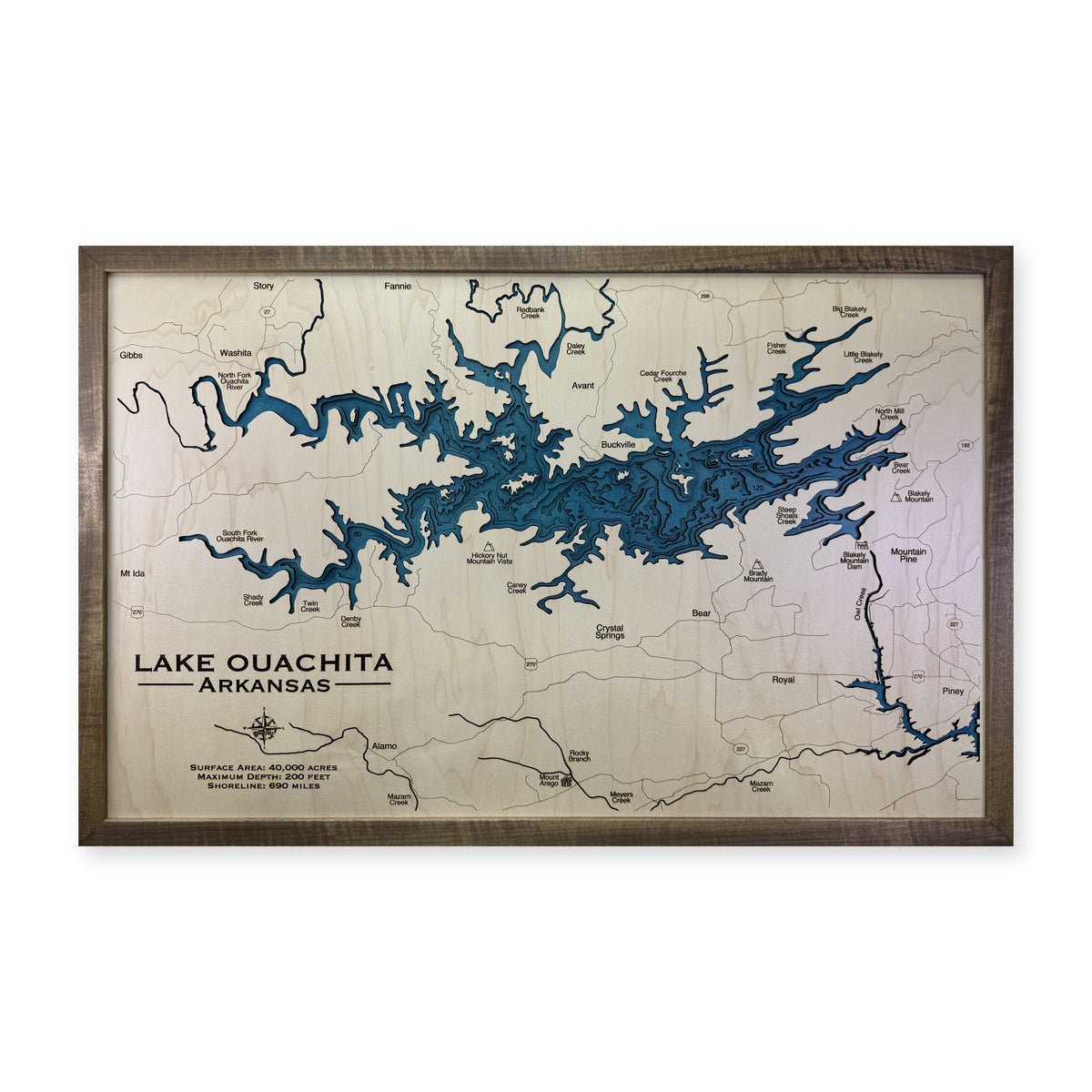 Ouachita Walnut wood map — multilayer, white background