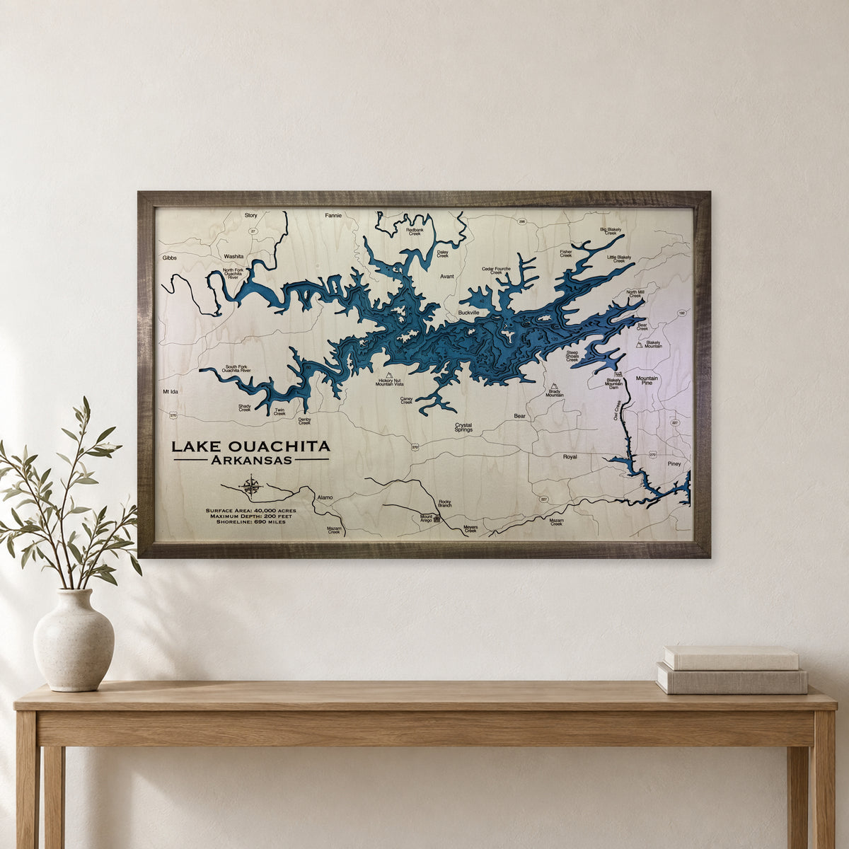 Ouachita Walnut wood map — multilayer, staged room mockup