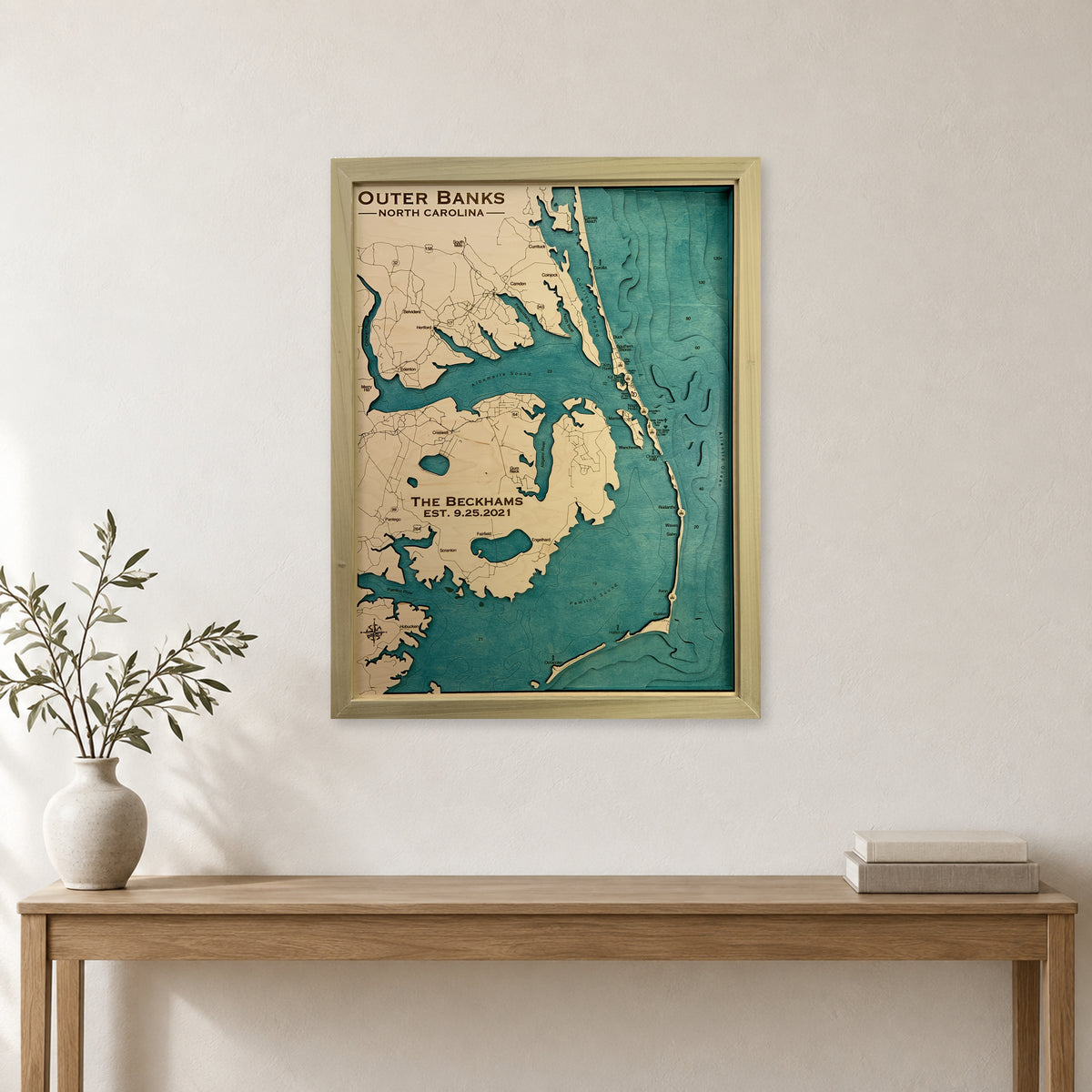 Outer Banks, North Carolina, Coastline Map — multilayer example, staged room mockup