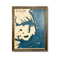 Outer Banks, North Carolina, coastline map with engraved water layers and dark blue water stain. 