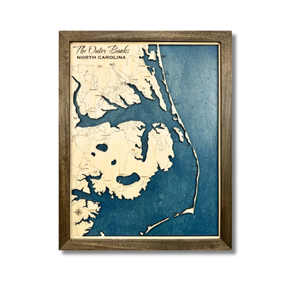 Outer Banks, North Carolina, coastline map with engraved water layers and dark blue water stain. 