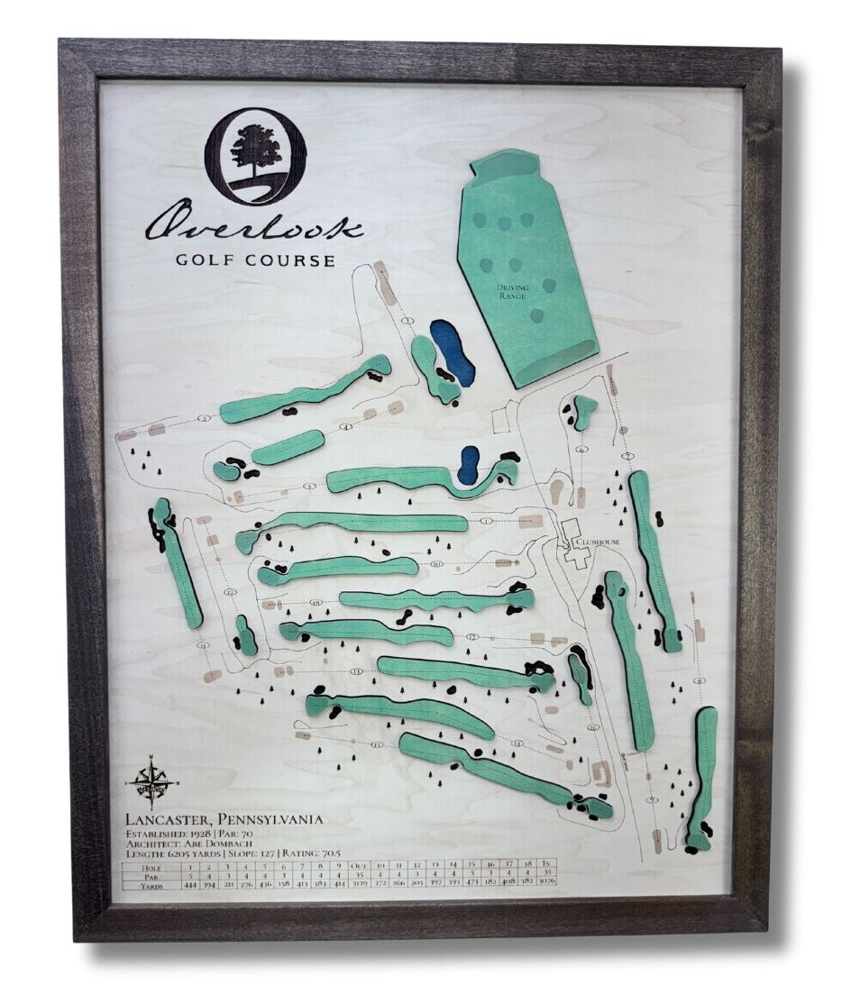 A wooden map of Overlook Golf course with their logo. 