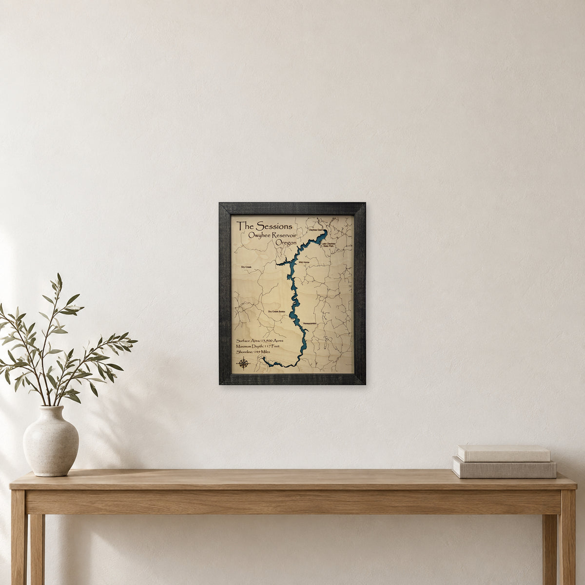 Owyhee Sessions wood map — single layer, staged room mockup