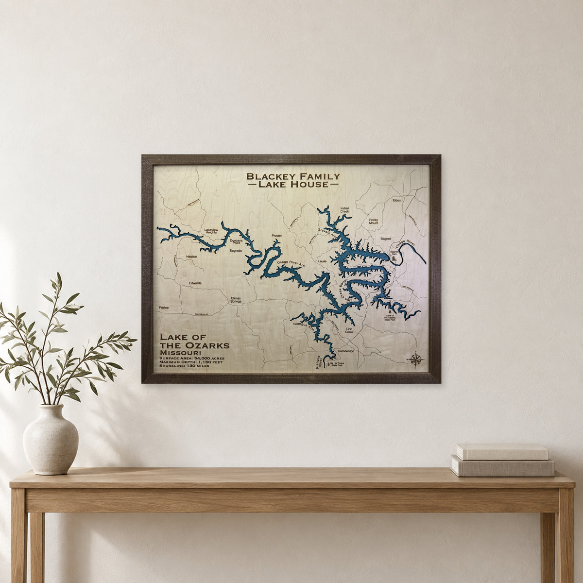 Ozarks Blackey wood map — single layer with engraved contours, staged room mockup