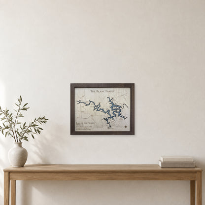 Ozarks Blanc wood map — single layer, staged room mockup