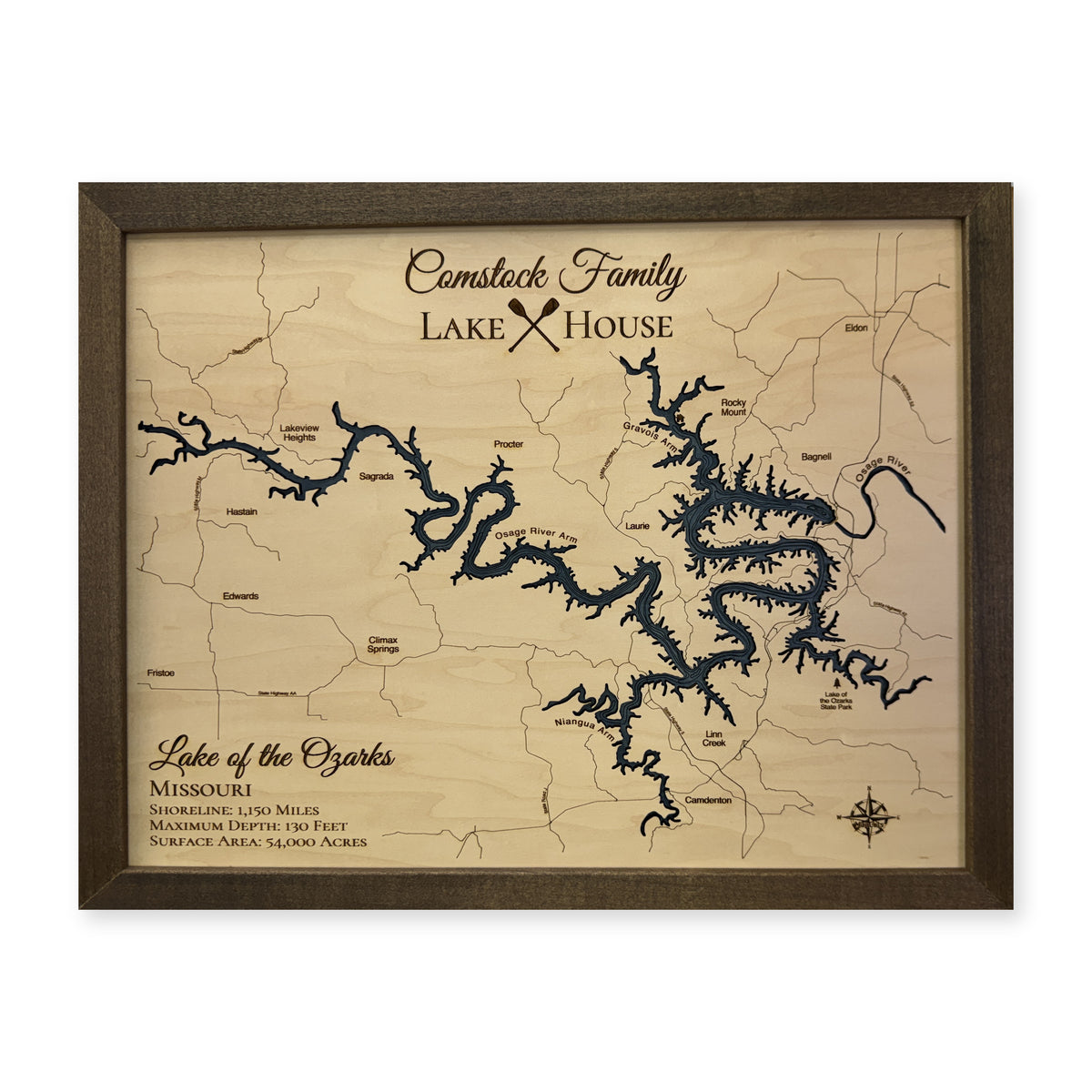 Ozarks Comstock wood map — single layer with engraved contours, white background