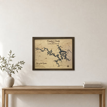 Ozarks Comstock wood map — single layer with engraved contours, staged room mockup