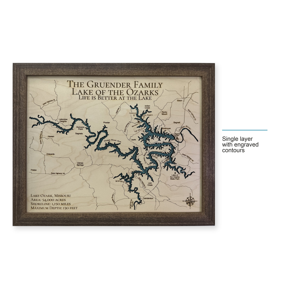 Ozarks Gruender wood map — single layer with engraved contours, layer option shown