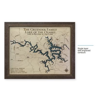 Ozarks Gruender wood map — single layer with engraved contours, layer option shown