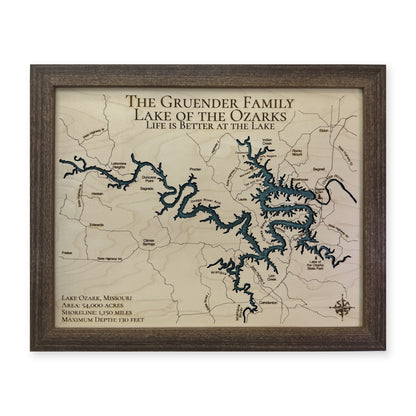 Ozarks Gruender wood map — single layer with engraved contours, white background