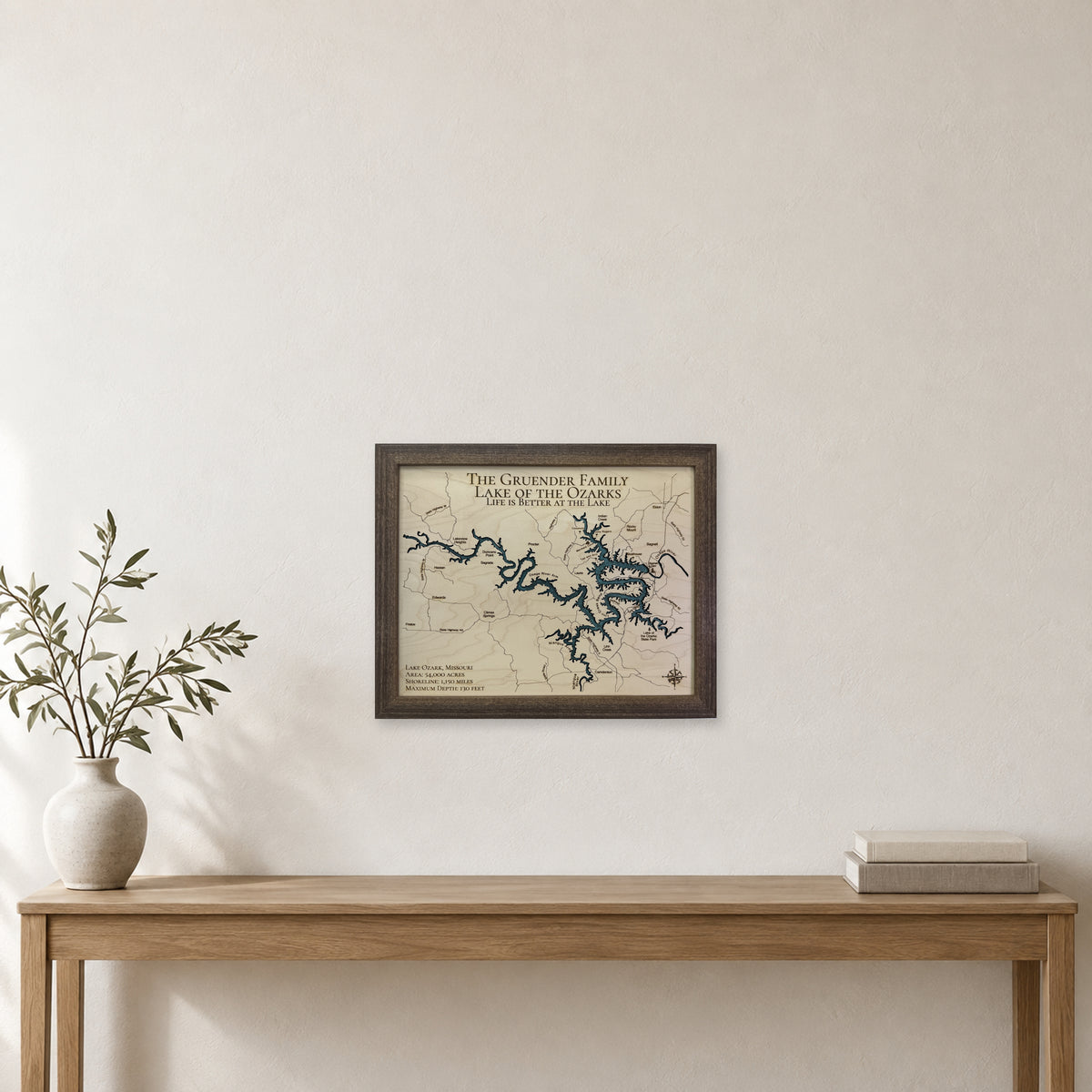 Ozarks Gruender wood map — single layer with engraved contours, staged room mockup