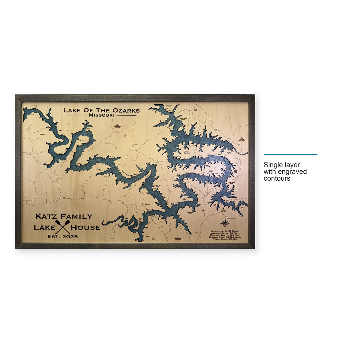 Ozarks Katz wood map — single layer with engraved contours, layer option shown