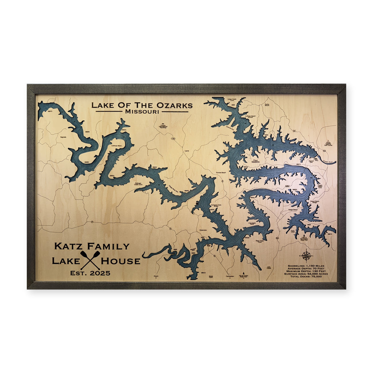 Ozarks Katz wood map — single layer with engraved contours, white background