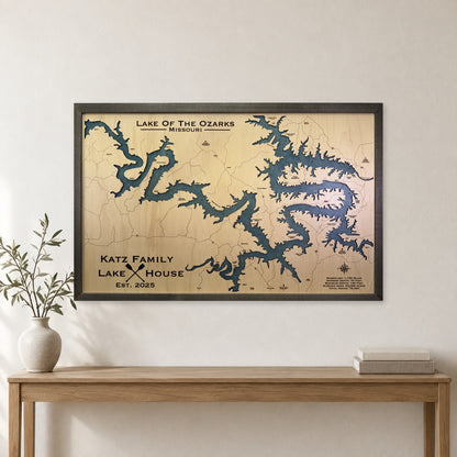 Ozarks Katz wood map — single layer with engraved contours, staged room mockup
