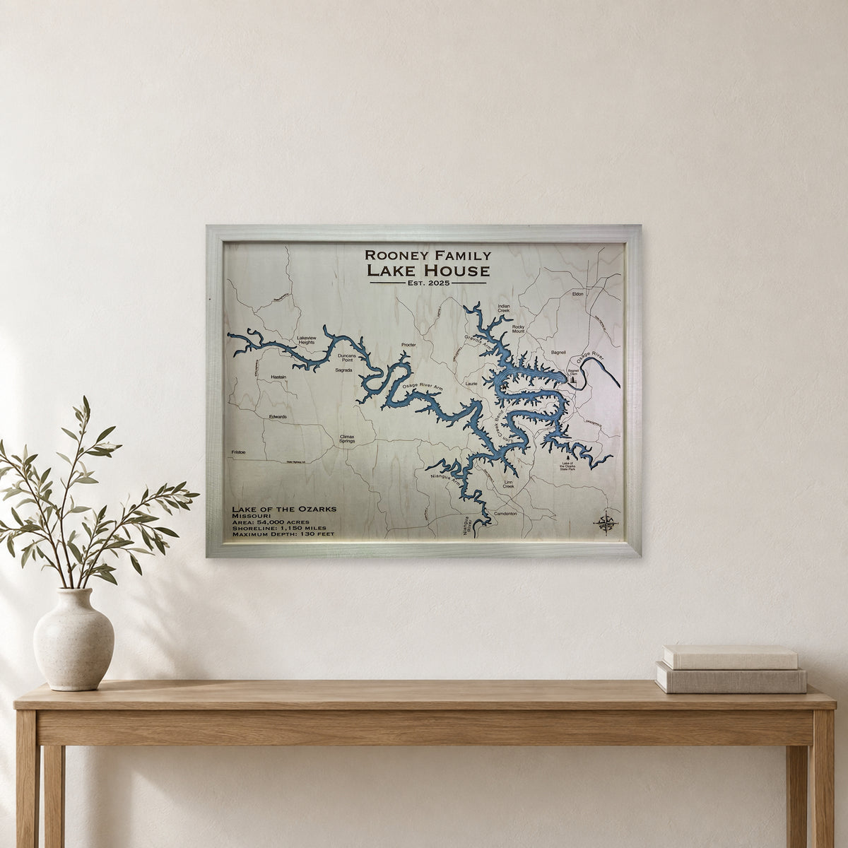 Ozarks Rooney wood map — single layer with engraved contours, staged room mockup