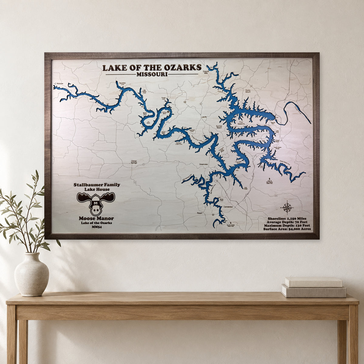 Ozarks Stallbaumer wood map — single layer, staged room mockup