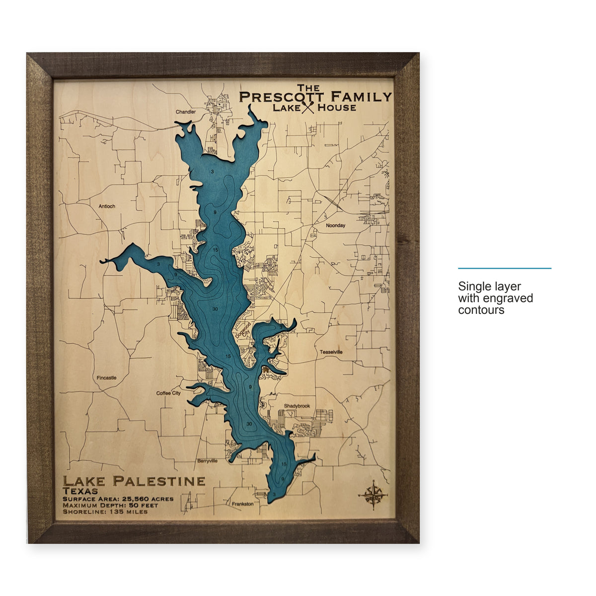 Palestine Prescott wood map — single layer with engraved contours, layer option shown