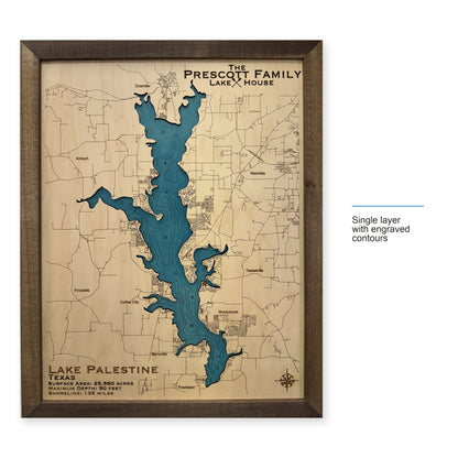 Palestine Prescott wood map — single layer with engraved contours, layer option shown