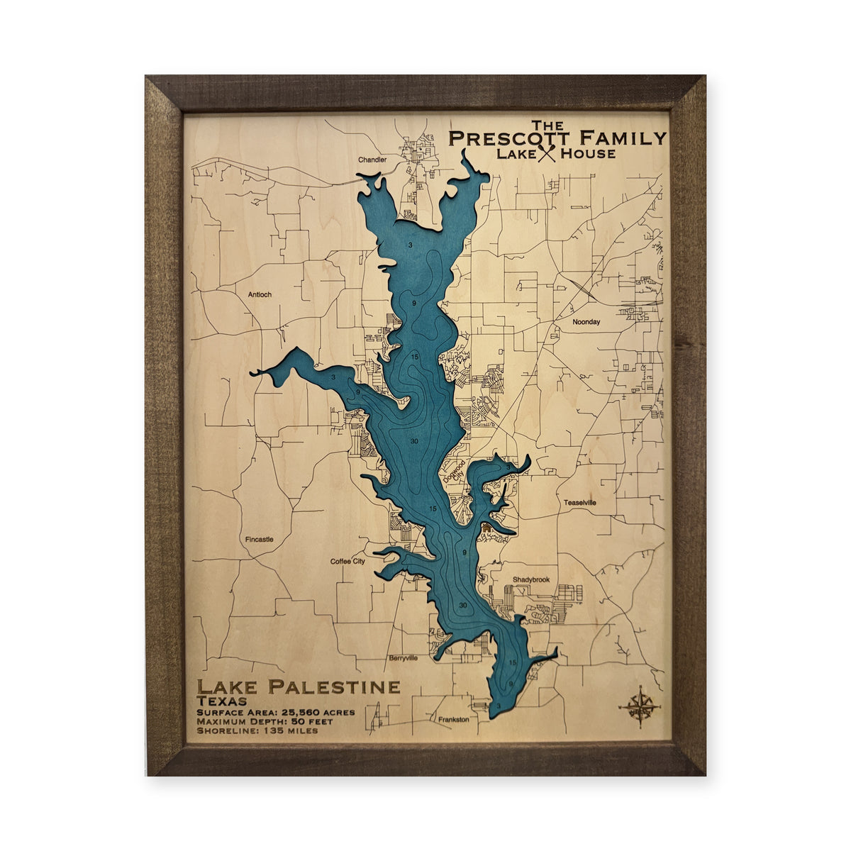Palestine Prescott wood map — single layer with engraved contours, white background