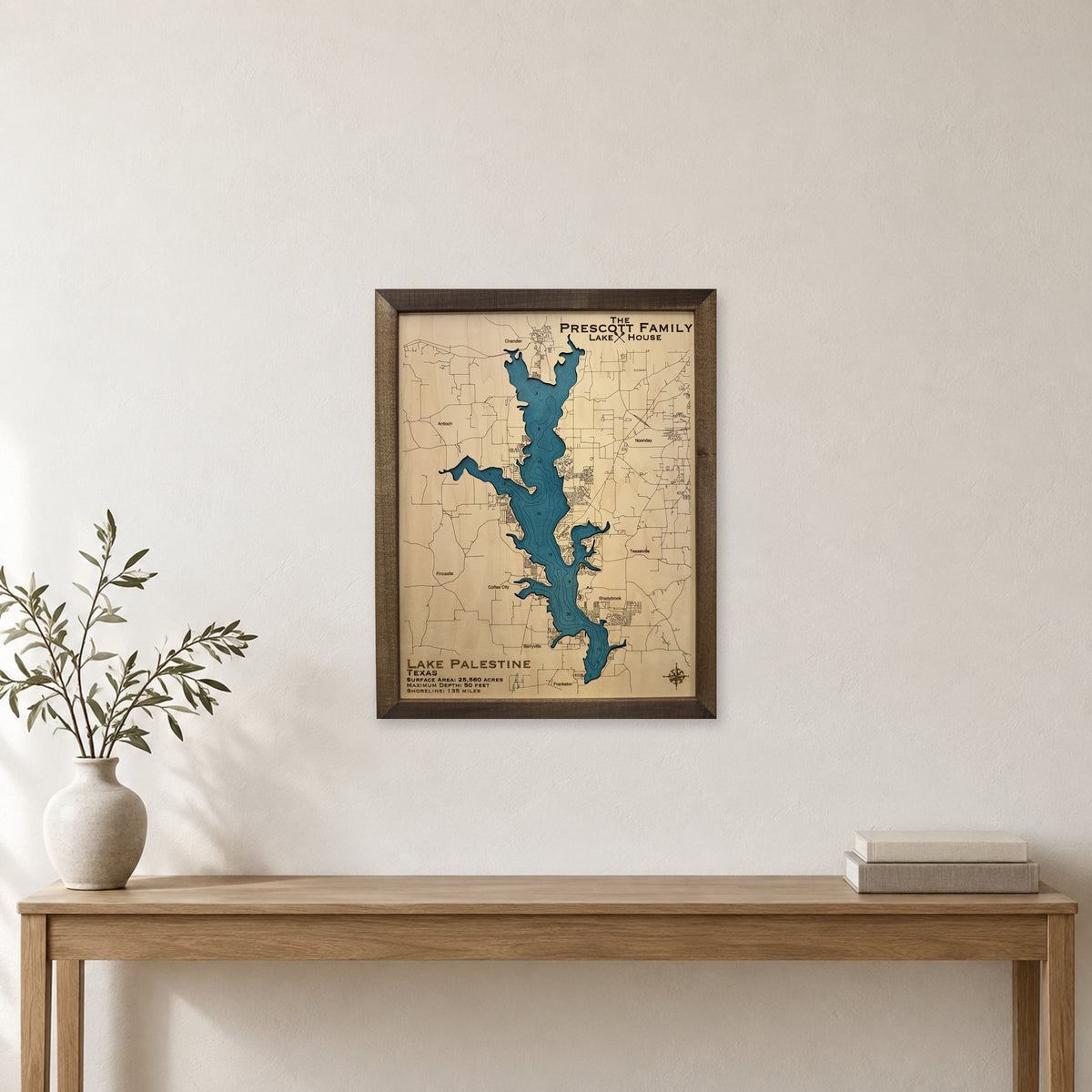 Palestine Prescott wood map — single layer with engraved contours, staged room mockup