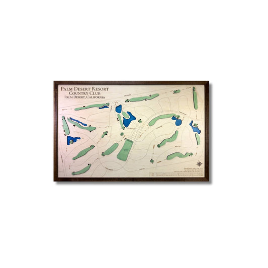 Framed wooden golf map of Palm Desert Resort Country Club on a white background.