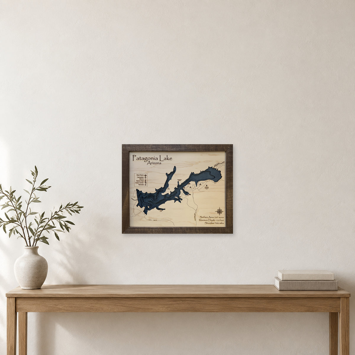 Patagonia Lake wood map — multilayer, staged room mockup