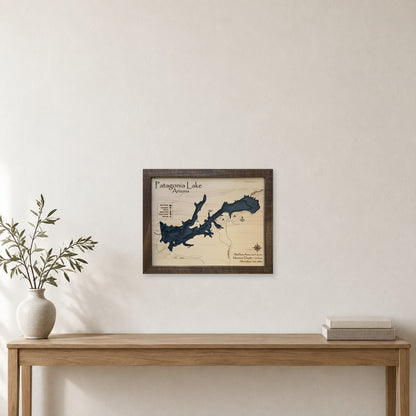 Patagonia Lake wood map — multilayer, staged room mockup