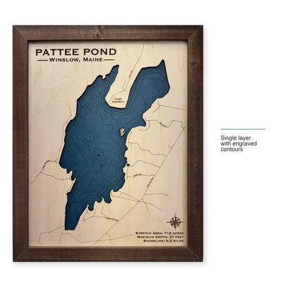 Pattee Pond wood map — single layer with engraved contours, layer option shown