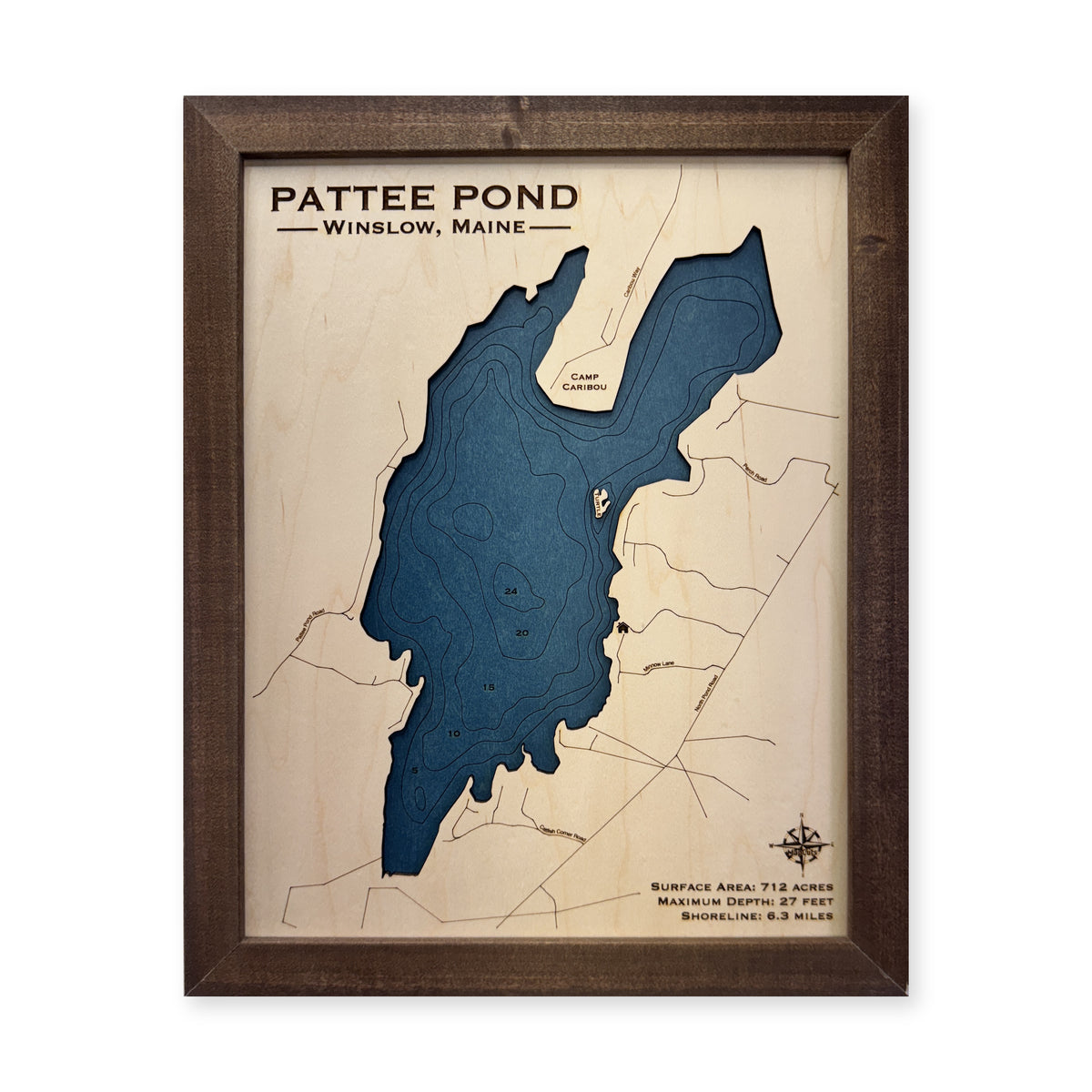 Pattee Pond wood map — single layer with engraved contours, white background