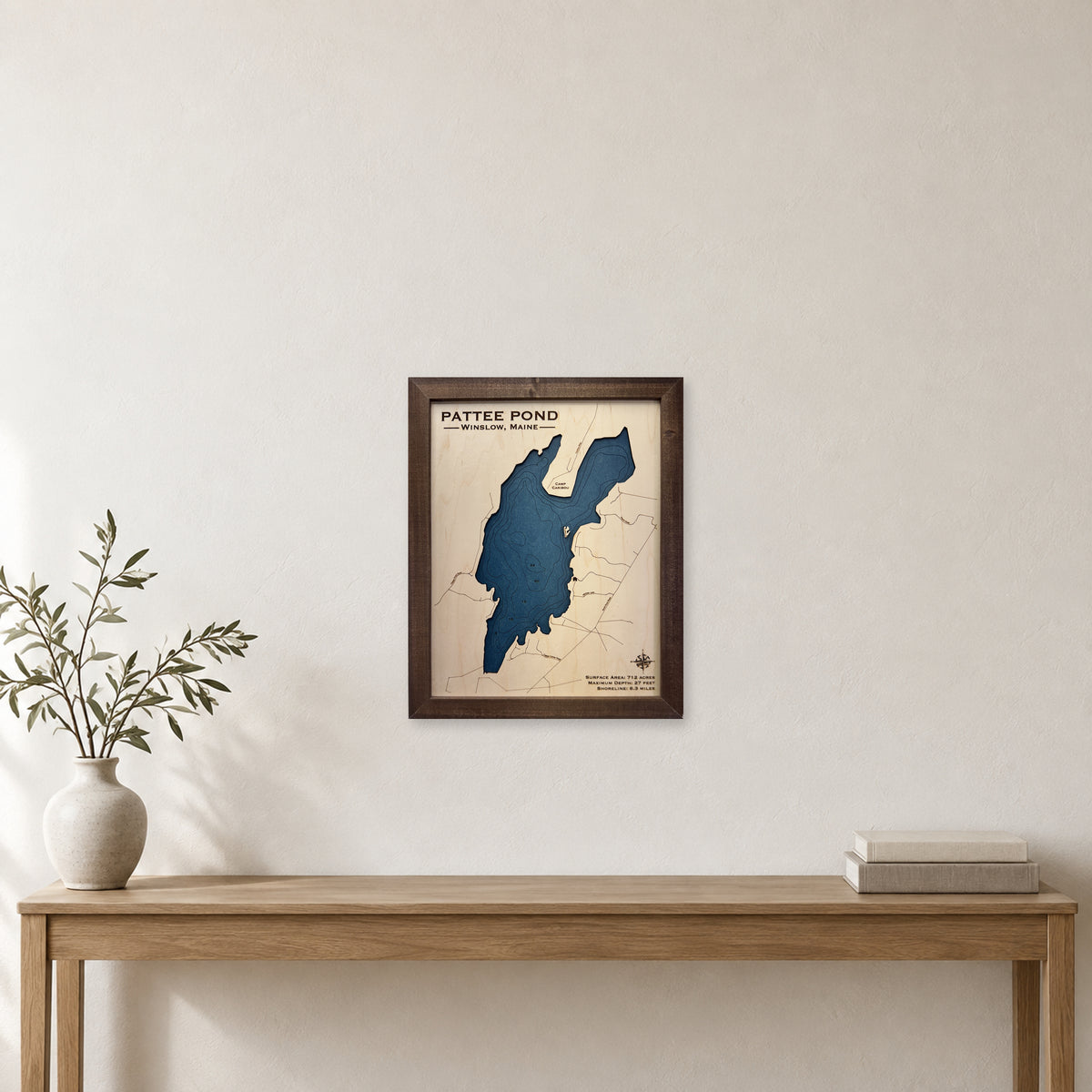 Pattee Pond wood map — single layer with engraved contours, staged room mockup