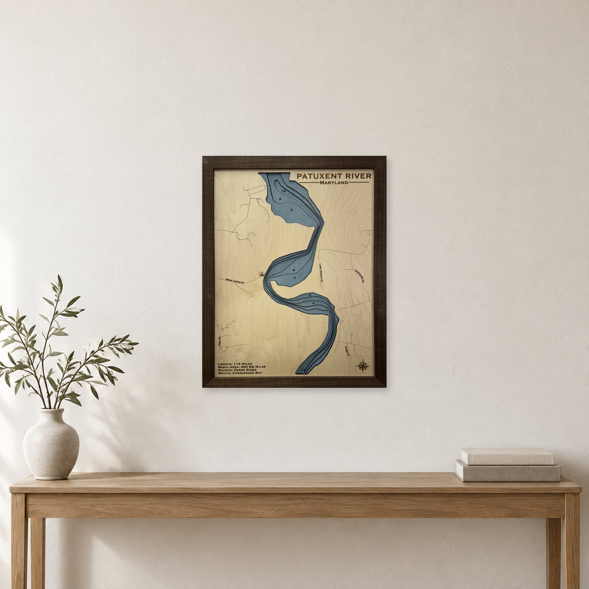 Patuxent River wood map — multilayer, staged room mockup