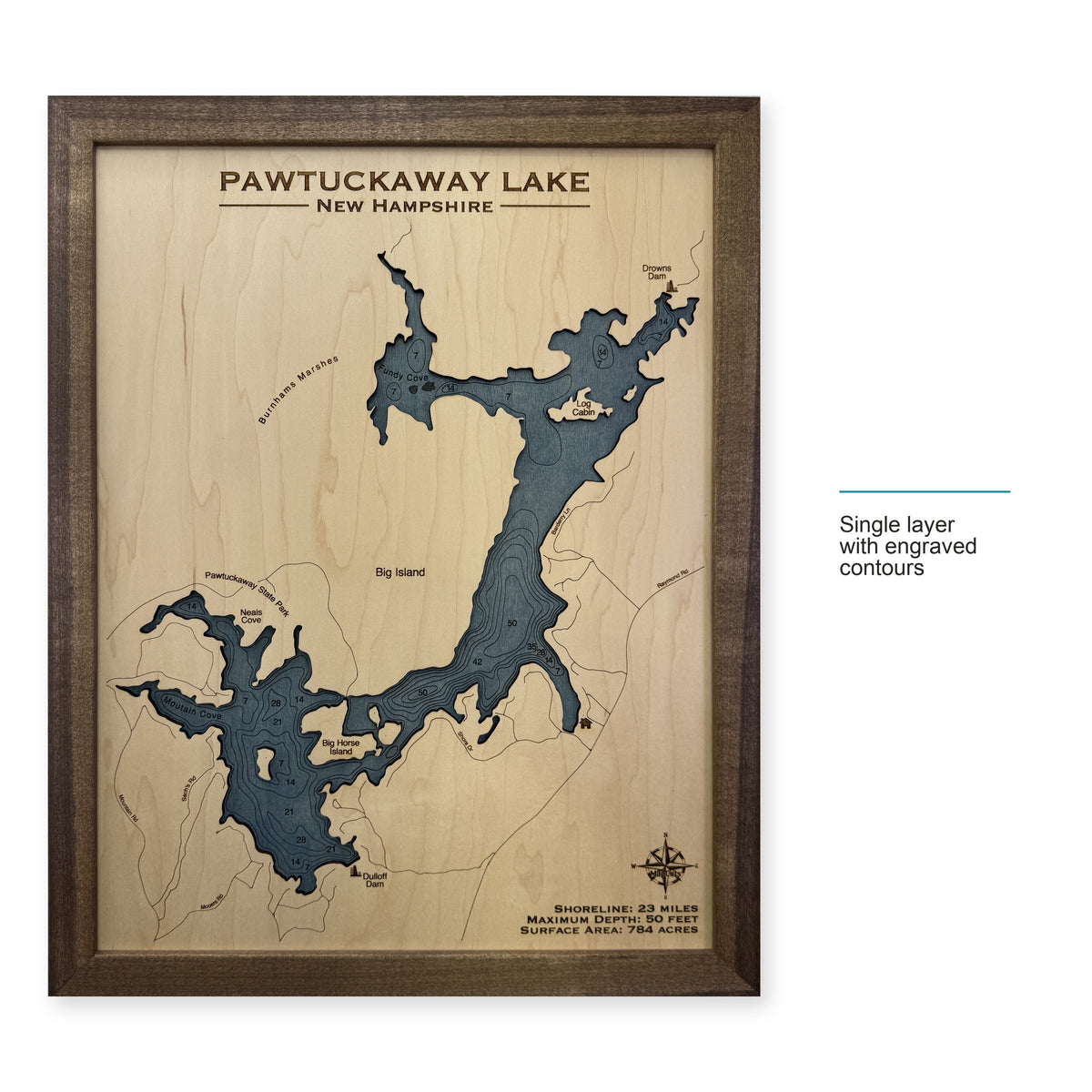 Pawtuckaway Oconnor wood map — single layer with engraved contours, layer option shown