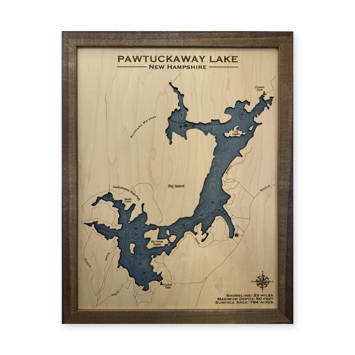Pawtuckaway Oconnor wood map — single layer with engraved contours, white background