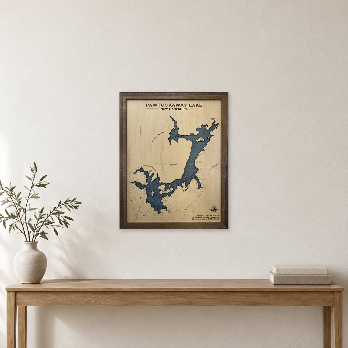 Pawtuckaway Oconnor wood map — single layer with engraved contours, staged room mockup