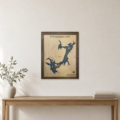 Pawtuckaway Oconnor wood map — single layer with engraved contours, staged room mockup
