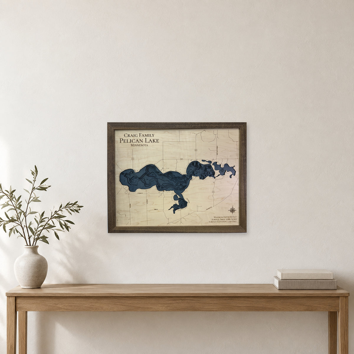 Pelican Lake Craig wood map — multilayer, staged room mockup