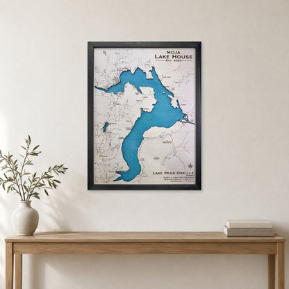 Pend Moja wood map — single layer, staged room mockup