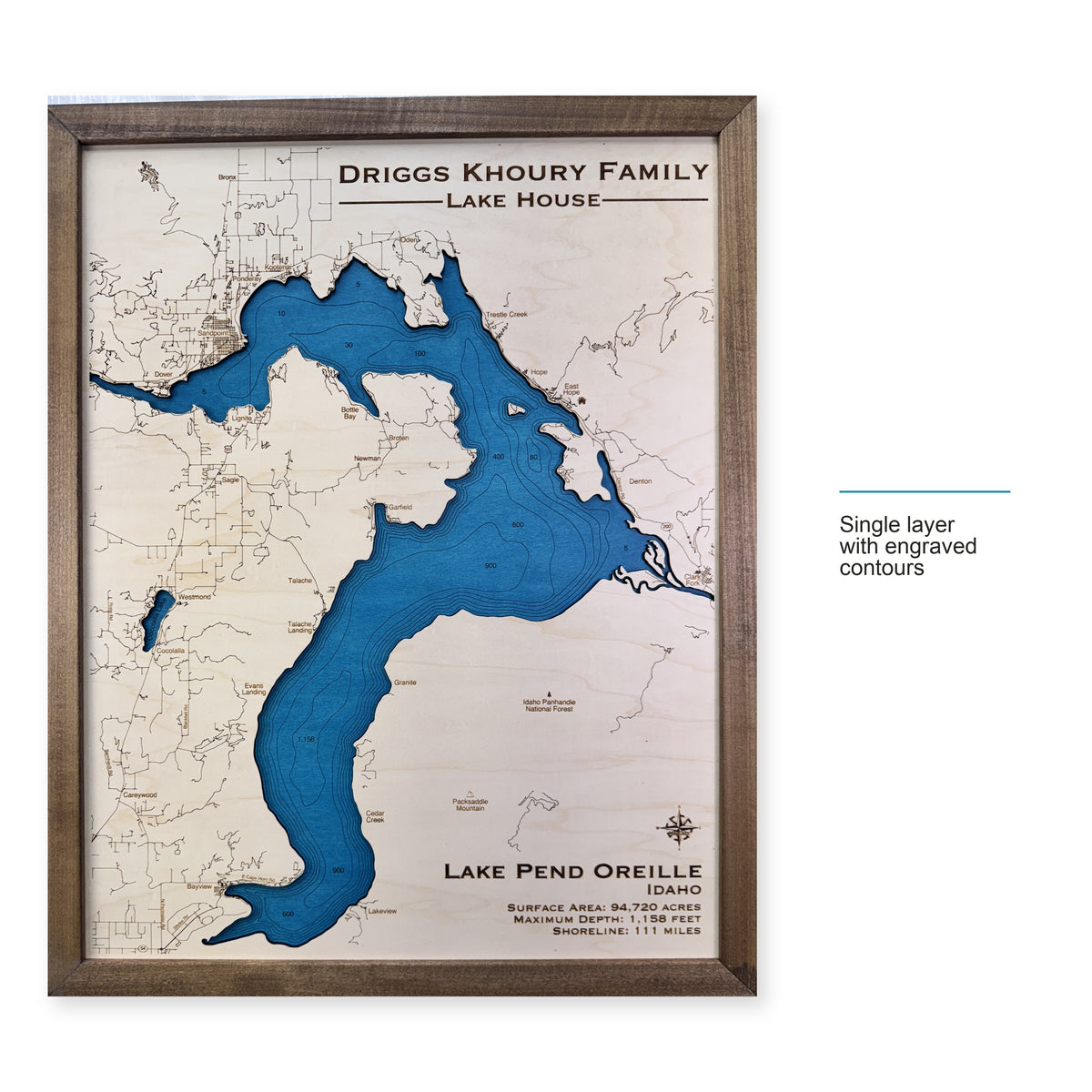 Pend Oreille Driggs wood map — single layer with engraved contours, layer option shown