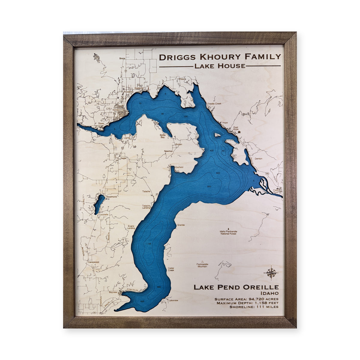 Pend Oreille Driggs wood map — single layer with engraved contours, white background