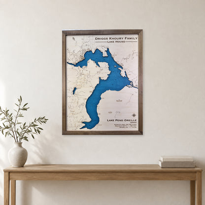Pend Oreille Driggs wood map — single layer with engraved contours, staged room mockup