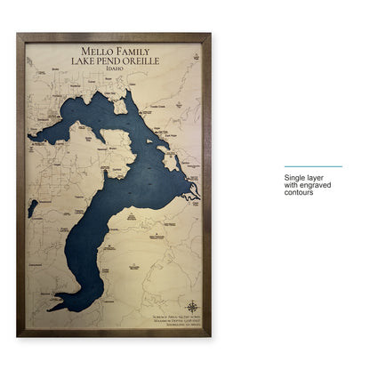 Pend Oreille Mello wood map — single layer with engraved contours, layer option shown