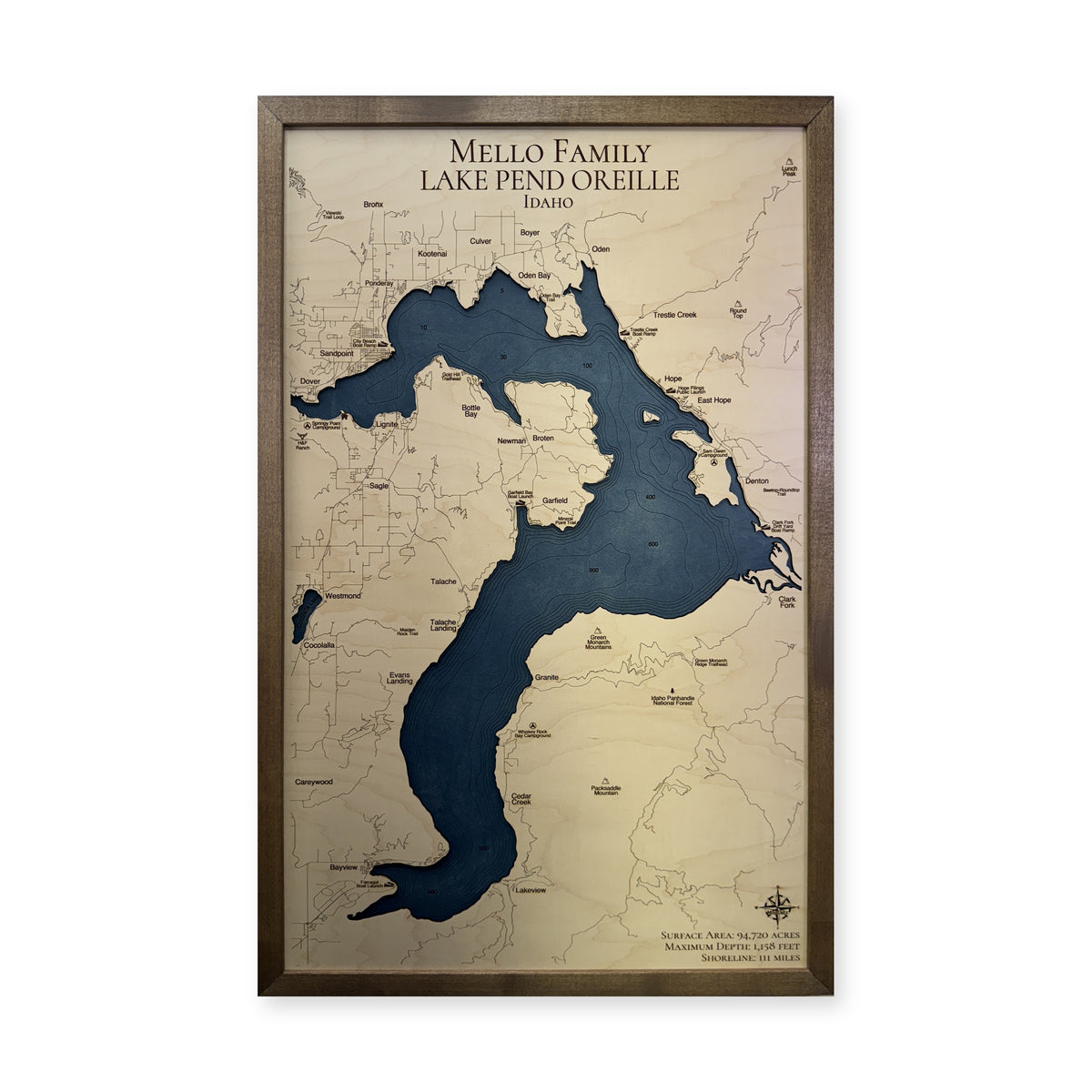 Pend Oreille Mello wood map — single layer with engraved contours, white background