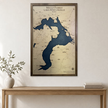 Pend Oreille Mello wood map — single layer with engraved contours, staged room mockup
