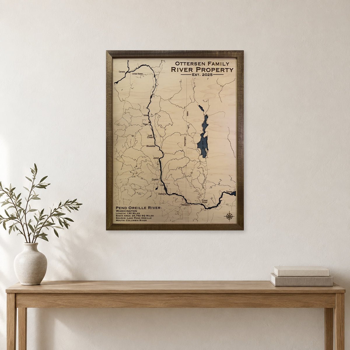 Pend Oreille Ottersen wood map — single layer, staged room mockup