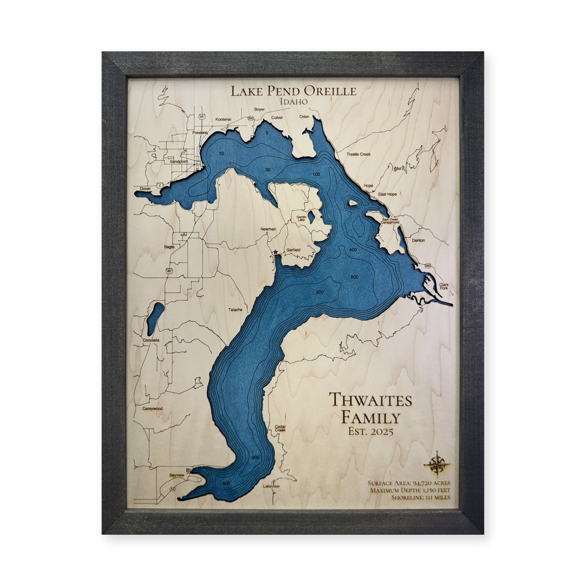 Pend Oreille Thwaites wood map — single layer with engraved contours, white background
