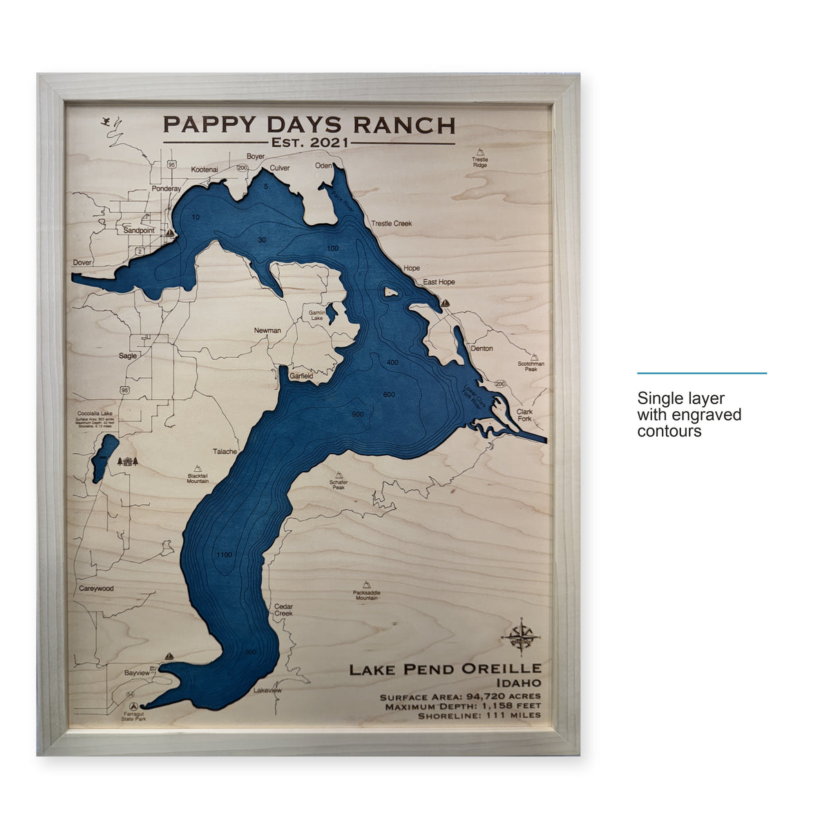 Pend Pappy Days wood map — single layer with engraved contours, layer option shown