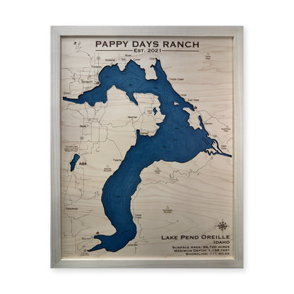 Pend Pappy Days wood map — single layer with engraved contours, white background